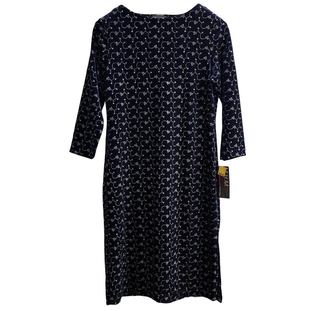 Vintage MHM Melissa Harper Dress Blue Velour Silver Metallic Print Midi Event